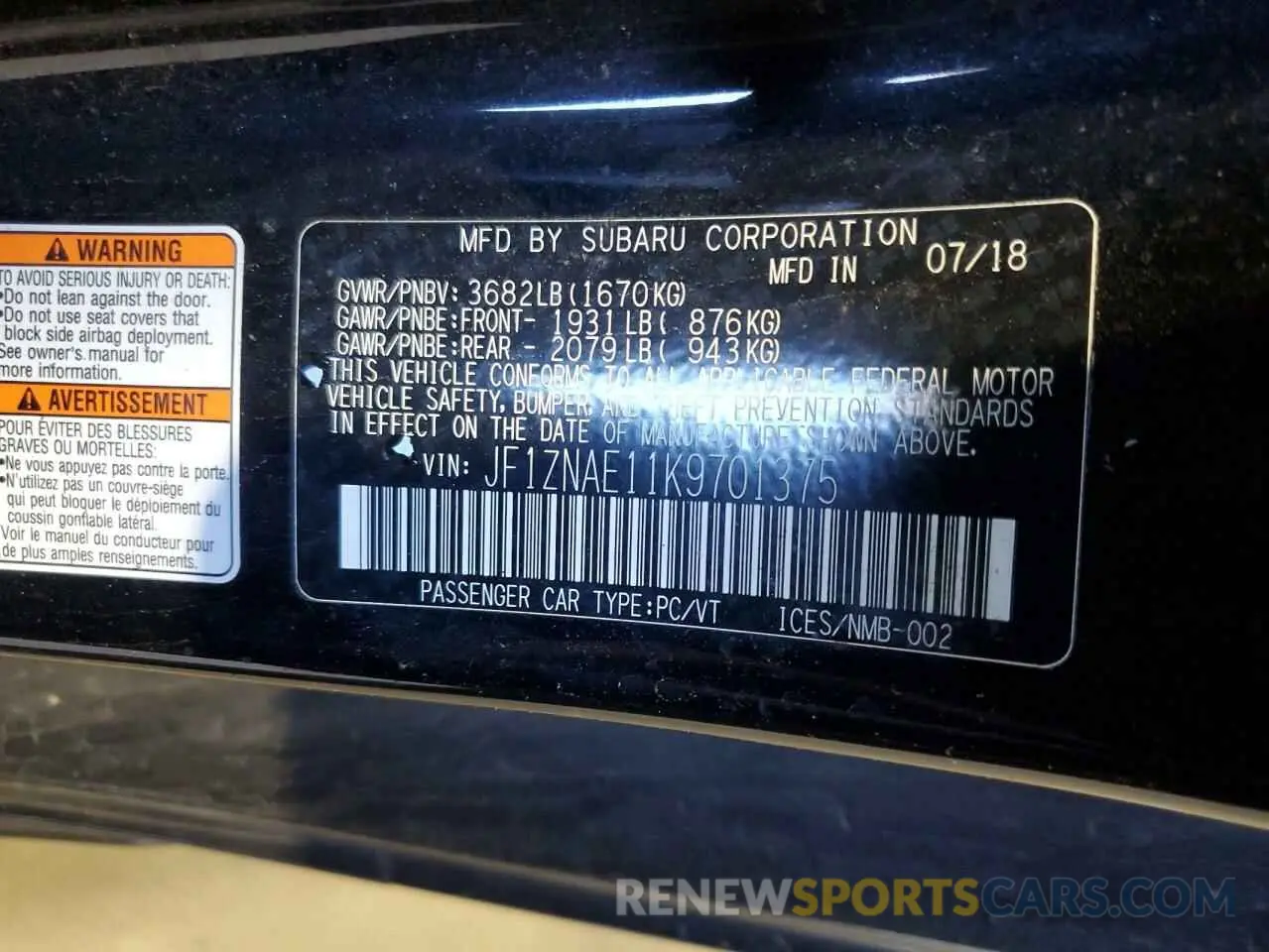 12 fotografías del automóvil dañado JF1ZNAE11K9701375 TOYOTA 86 2019