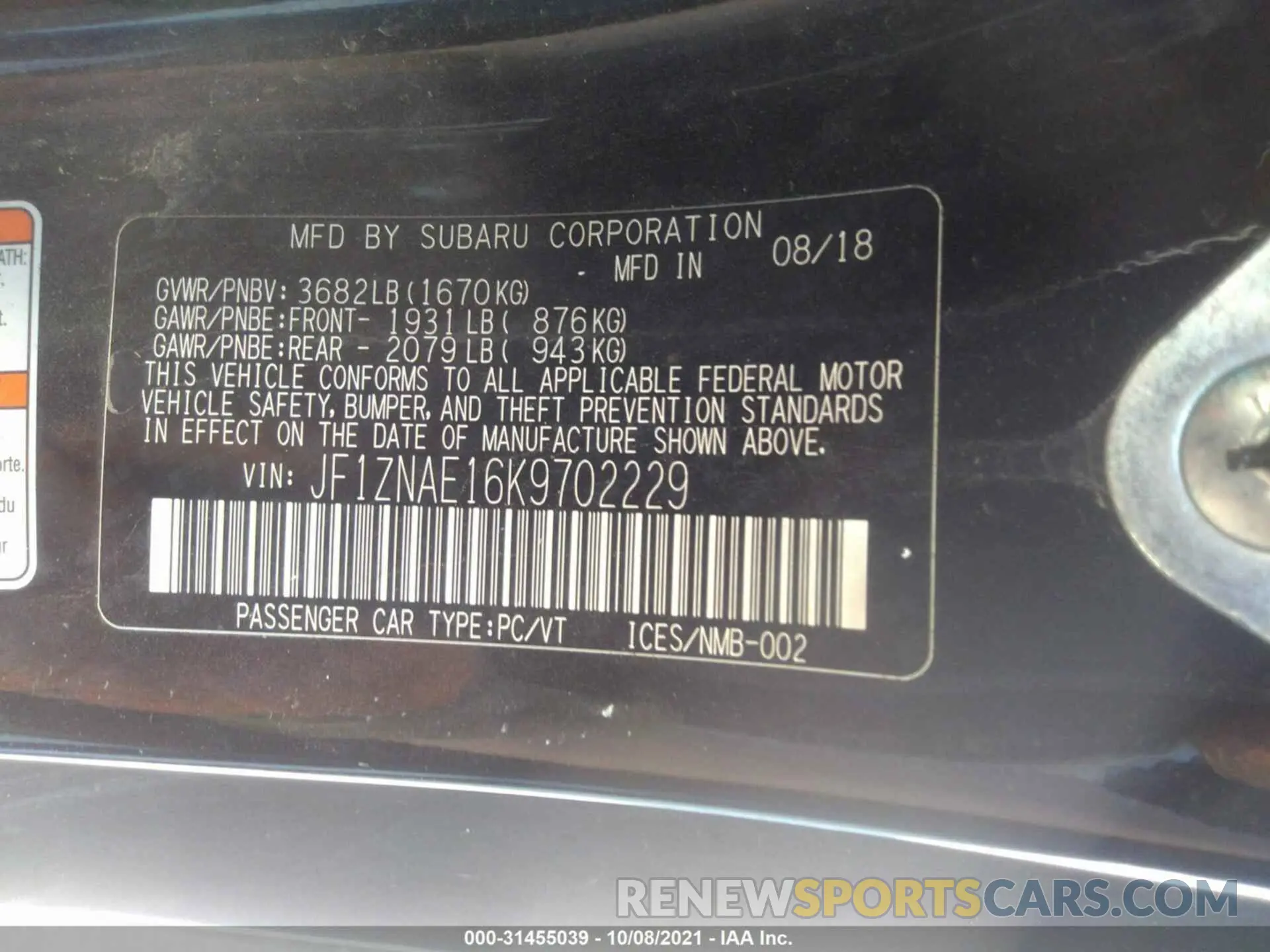9 fotografías del automóvil dañado JF1ZNAE16K9702229 TOYOTA 86 2019