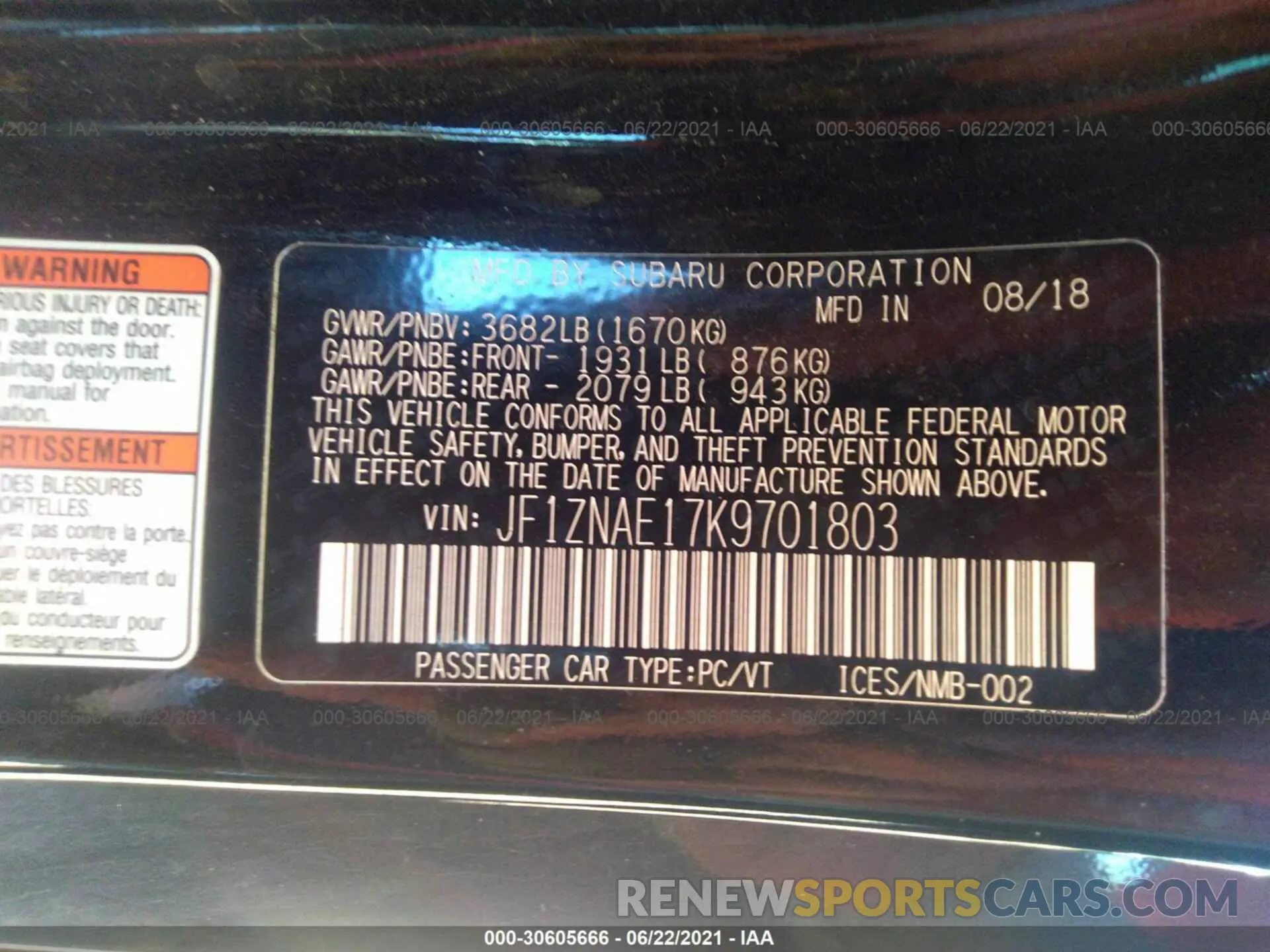 9 fotografías del automóvil dañado JF1ZNAE17K9701803 TOYOTA 86 2019