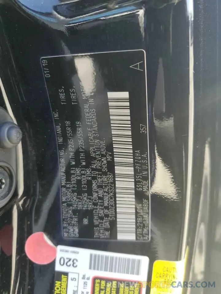 15 fotografías del automóvil dañado 5TDDZ3DC7KS221687 TOYOTA All Models 2019