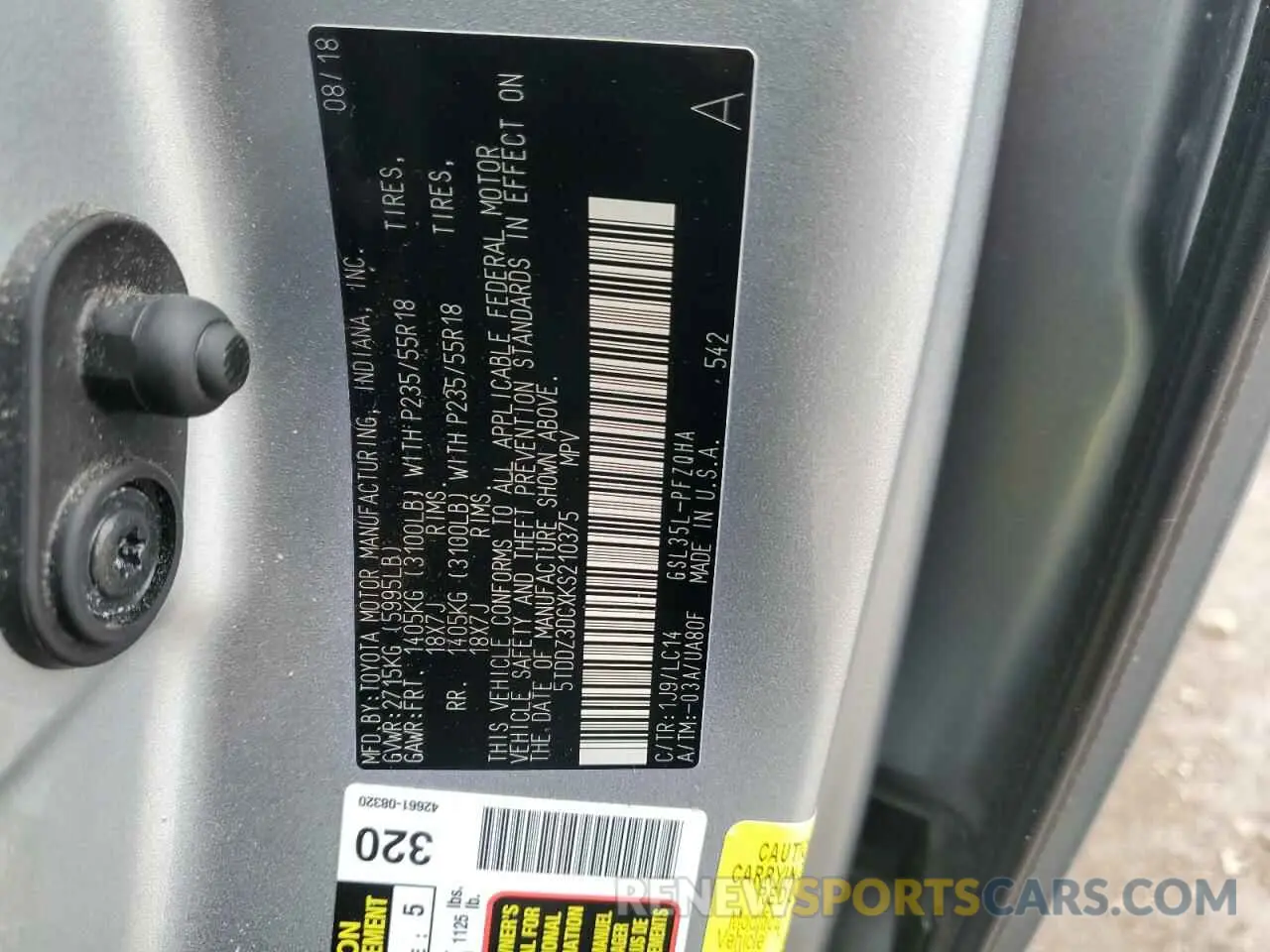13 fotografías del automóvil dañado 5TDDZ3DCXKS210375 TOYOTA All Models 2019