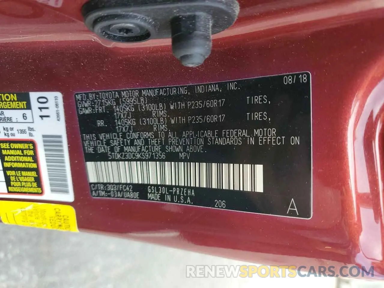13 fotografías del automóvil dañado 5TDKZ3DC9KS971356 TOYOTA All Models 2019