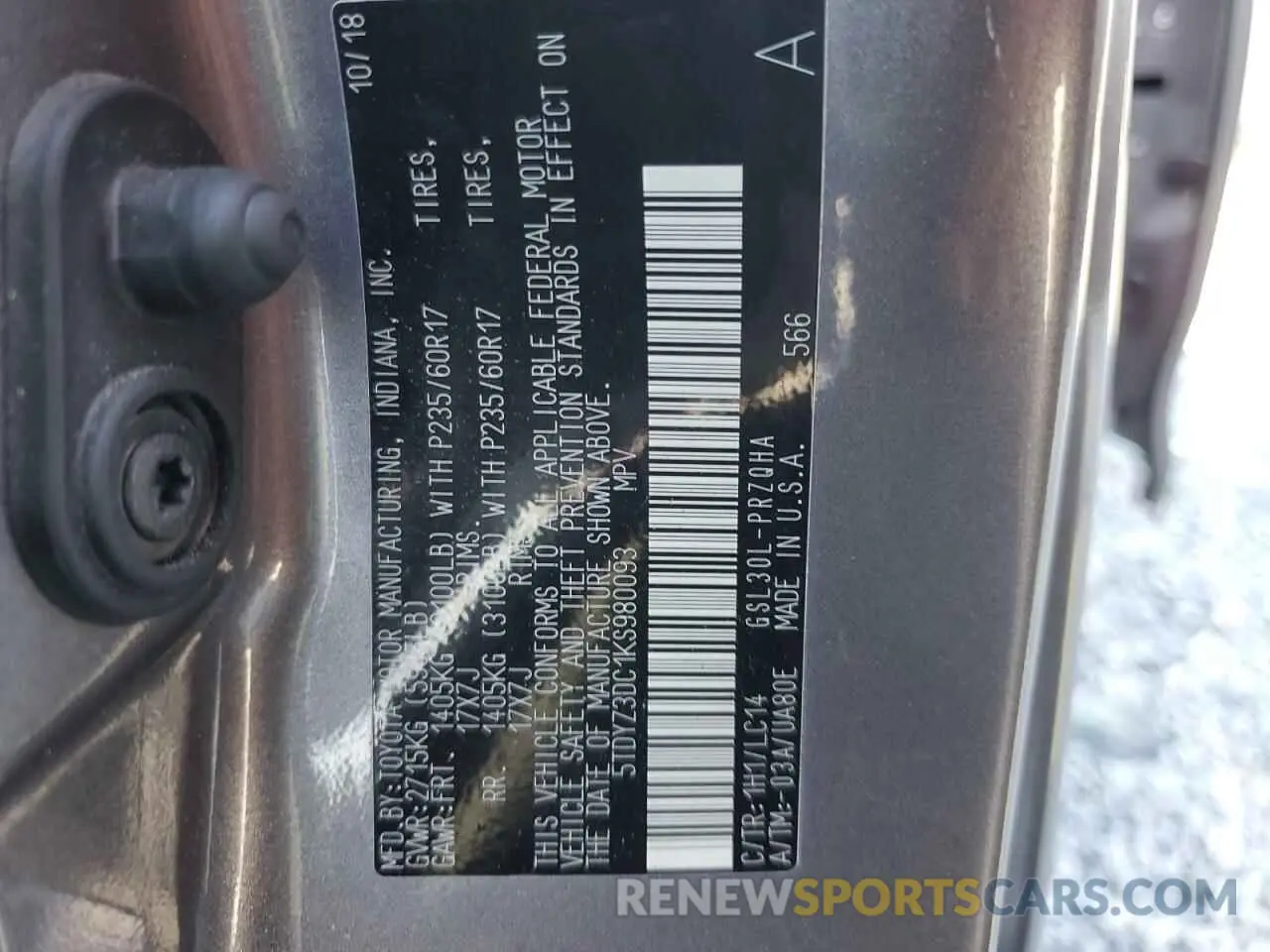 13 fotografías del automóvil dañado 5TDYZ3DC1KS980093 TOYOTA All Models 2019