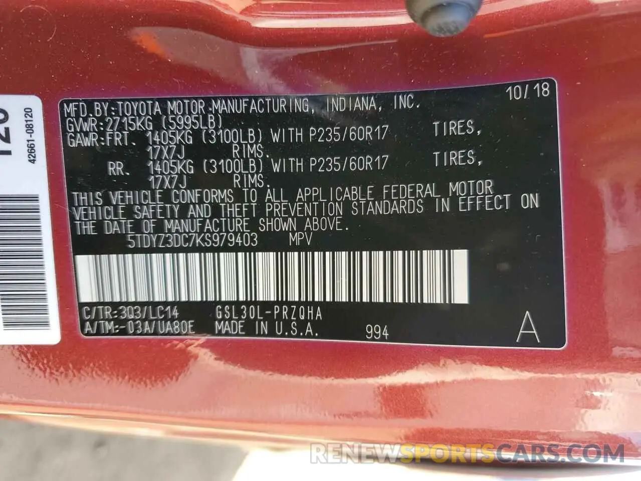 16 fotografías del automóvil dañado 5TDYZ3DC7KS979403 TOYOTA All Models 2019