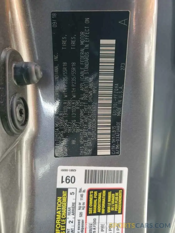 14 fotografías del automóvil dañado 5TDYZ3DC9KS976972 TOYOTA All Models 2019