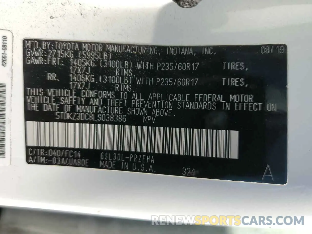 14 fotografías del automóvil dañado 5TDKZ3DC8LS038386 TOYOTA All Models 2020