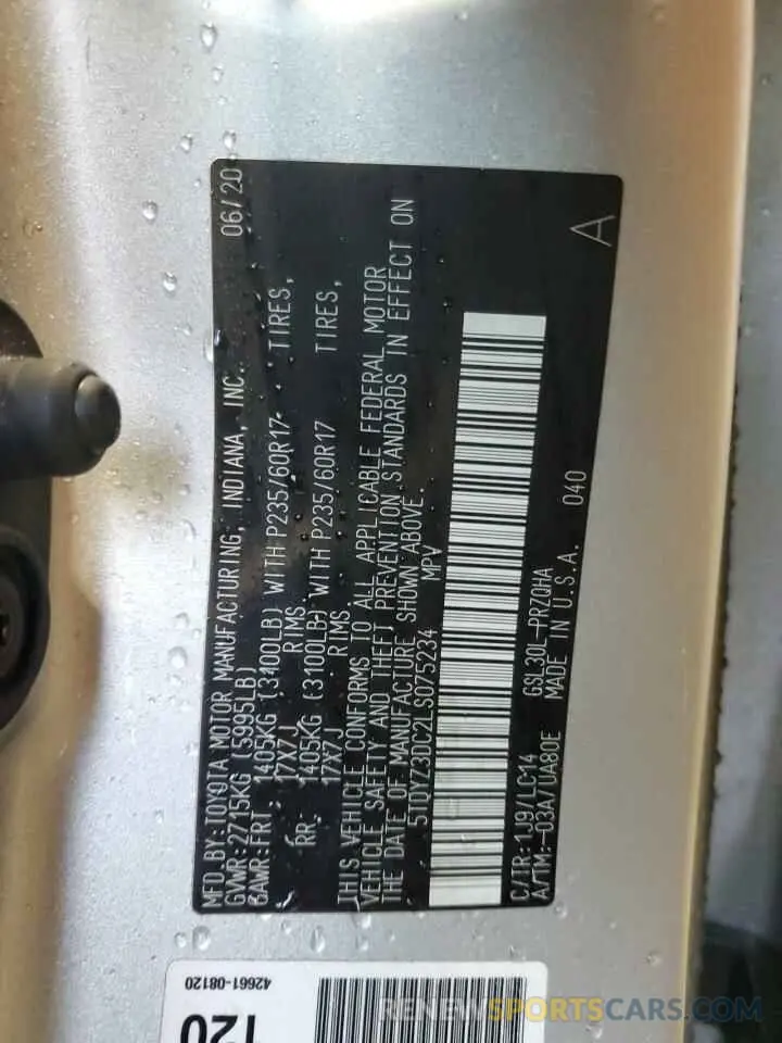 15 fotografías del automóvil dañado 5TDYZ3DC2LS075234 TOYOTA All Models 2020