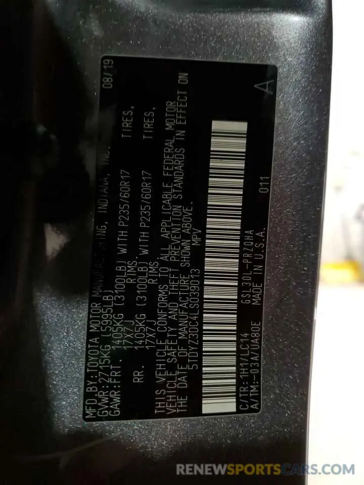 15 fotografías del automóvil dañado 5TDYZ3DC4LS039013 TOYOTA All Models 2020
