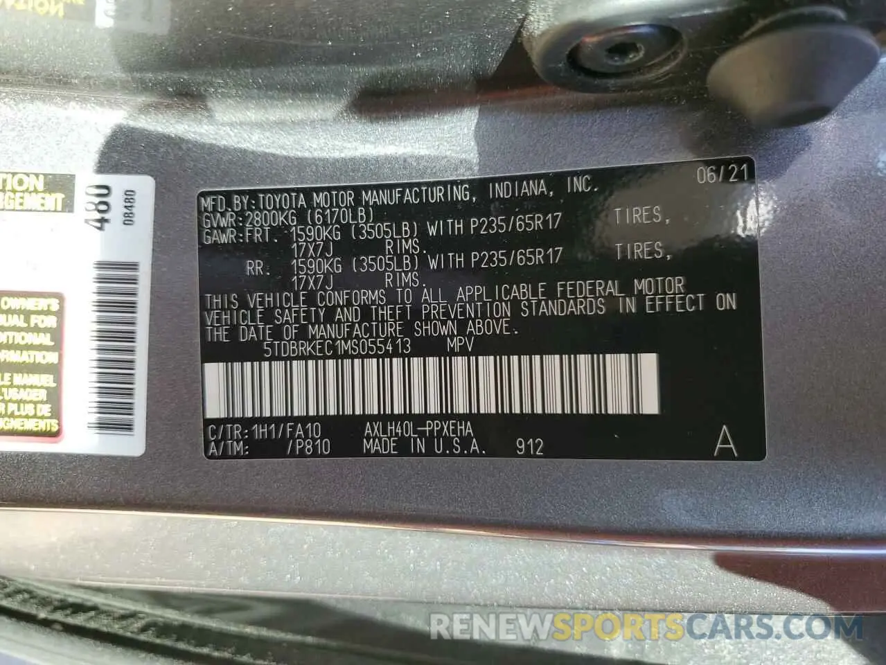 13 fotografías del automóvil dañado 5TDBRKEC1MS055413 TOYOTA All Models 2021
