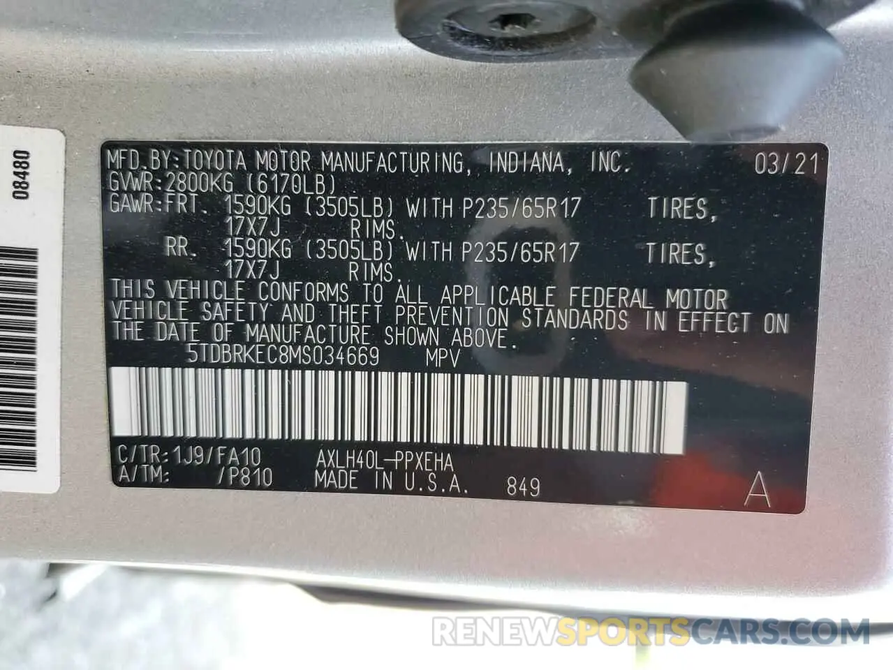 13 fotografías del automóvil dañado 5TDBRKEC8MS034669 TOYOTA All Models 2021