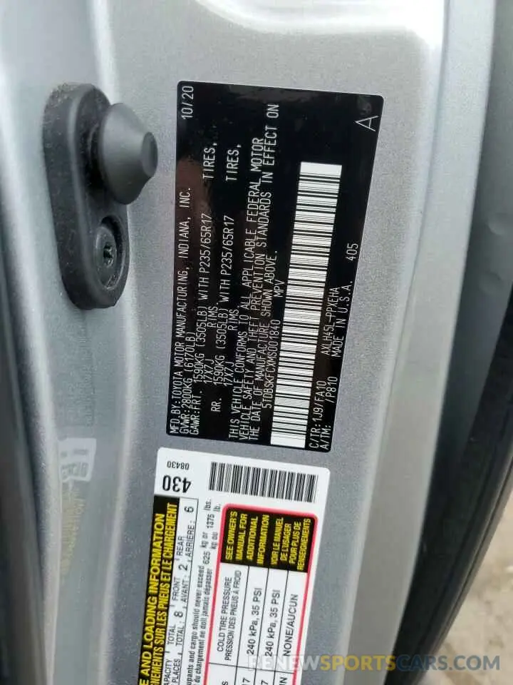 12 fotografías del automóvil dañado 5TDBSKFCXMS001840 TOYOTA All Models 2021