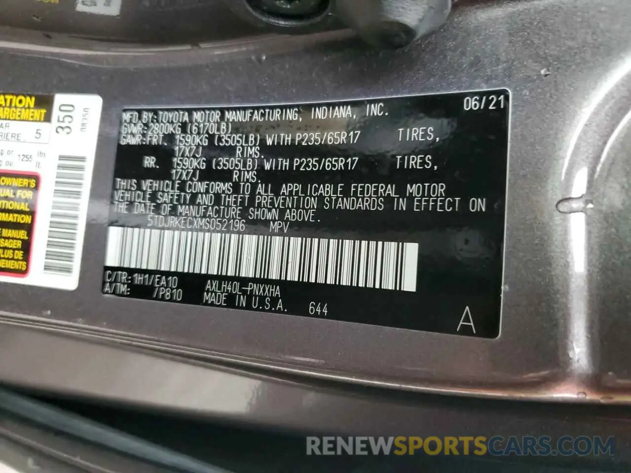 14 fotografías del automóvil dañado 5TDJRKECXMS052196 TOYOTA All Models 2021