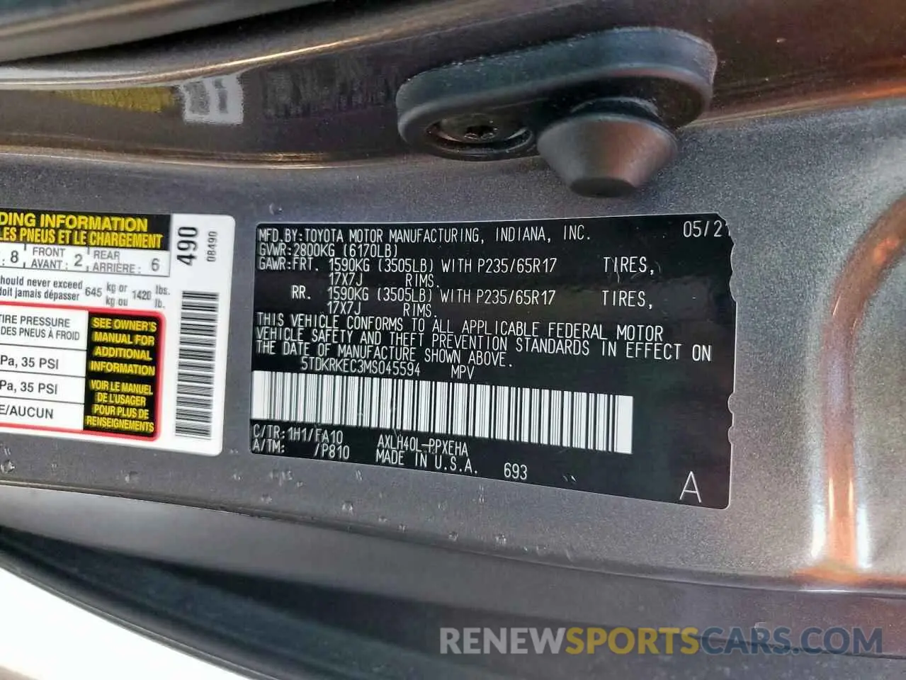 13 fotografías del automóvil dañado 5TDKRKEC3MS045594 TOYOTA All Models 2021