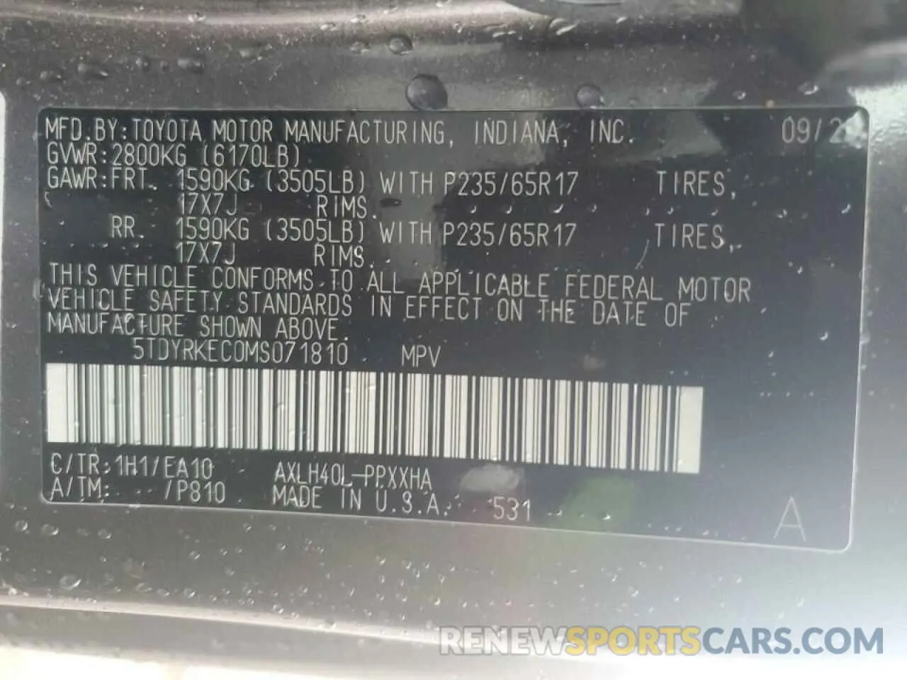 13 fotografías del automóvil dañado 5TDYRKEC0MS071810 TOYOTA All Models 2021