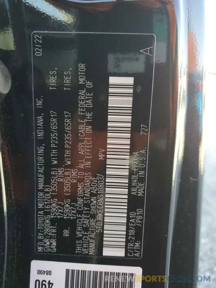 14 fotografías del automóvil dañado 5TDJRKEC6NS108037 TOYOTA All Models 2022
