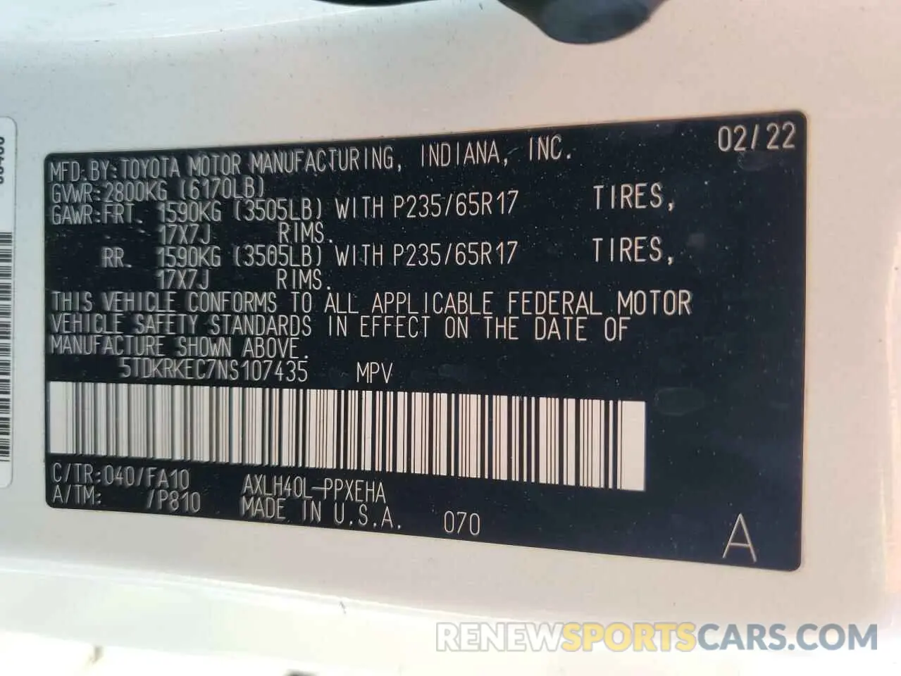 14 fotografías del automóvil dañado 5TDKRKEC7NS107435 TOYOTA All Models 2022