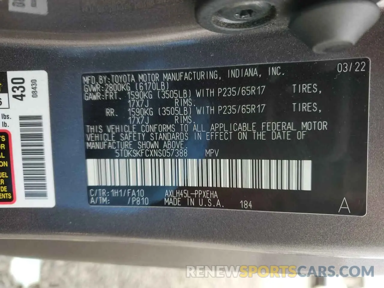 13 fotografías del automóvil dañado 5TDKSKFCXNS057388 TOYOTA All Models 2022