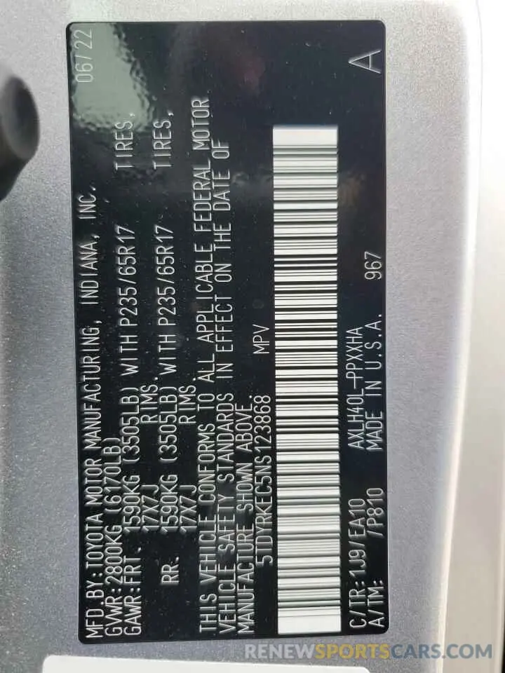 14 fotografías del automóvil dañado 5TDYRKEC5NS123868 TOYOTA All Models 2022