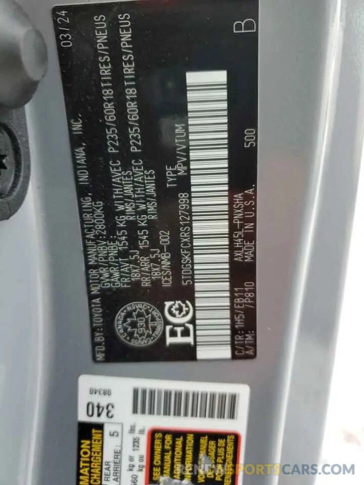 14 fotografías del automóvil dañado 5TDGSKFCXRS127998 TOYOTA All Models 2024