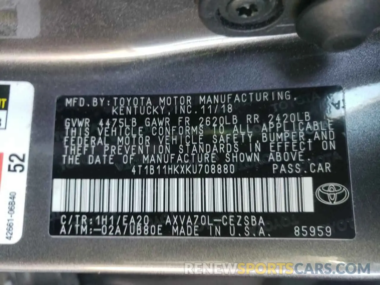 10 fotografías del automóvil dañado 4T1B11HKXKU708880 TOYOTA ALL OTHER 2019