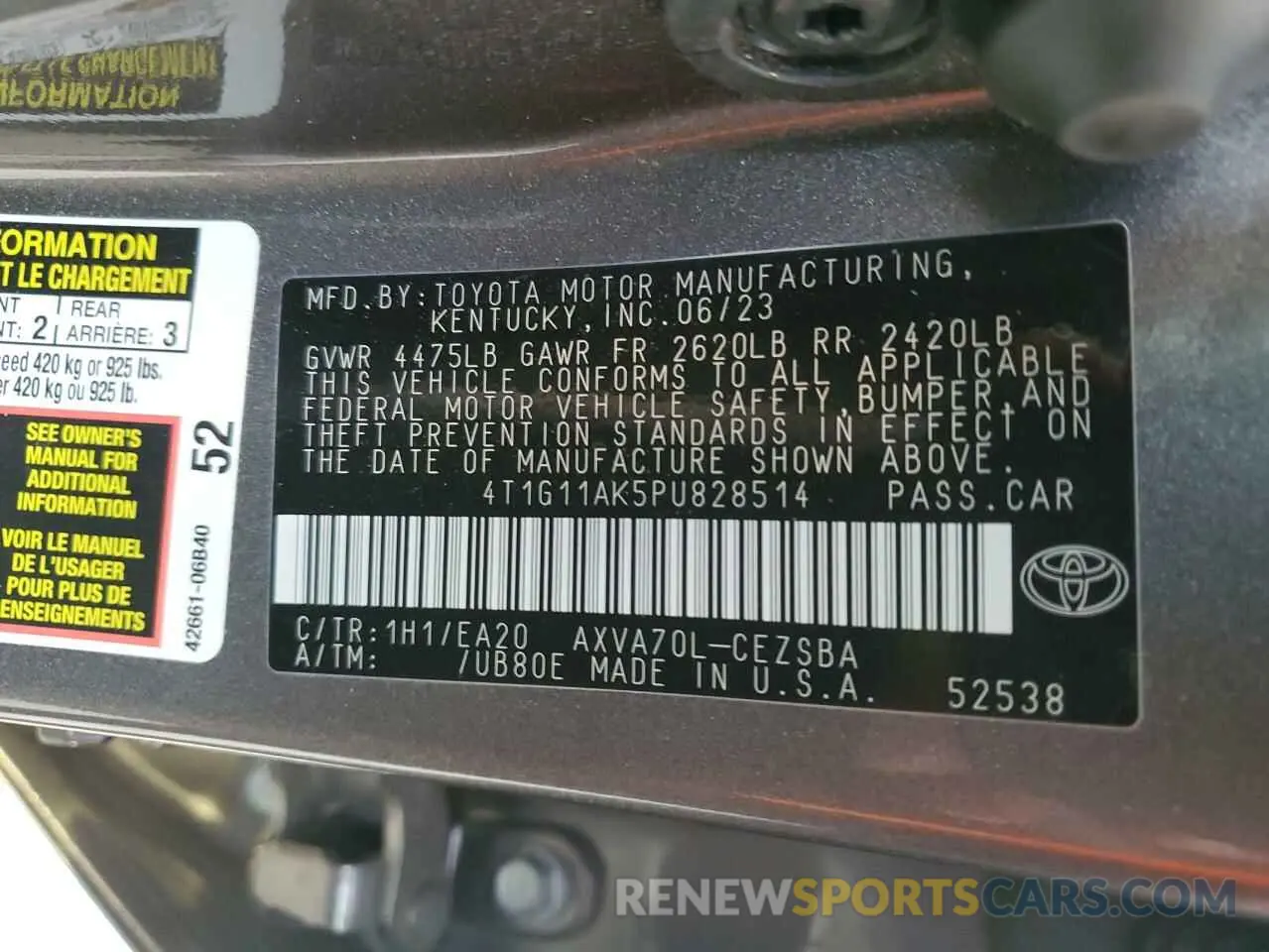 12 fotografías del automóvil dañado 4T1G11AK5PU828514 TOYOTA ALL OTHER 2023