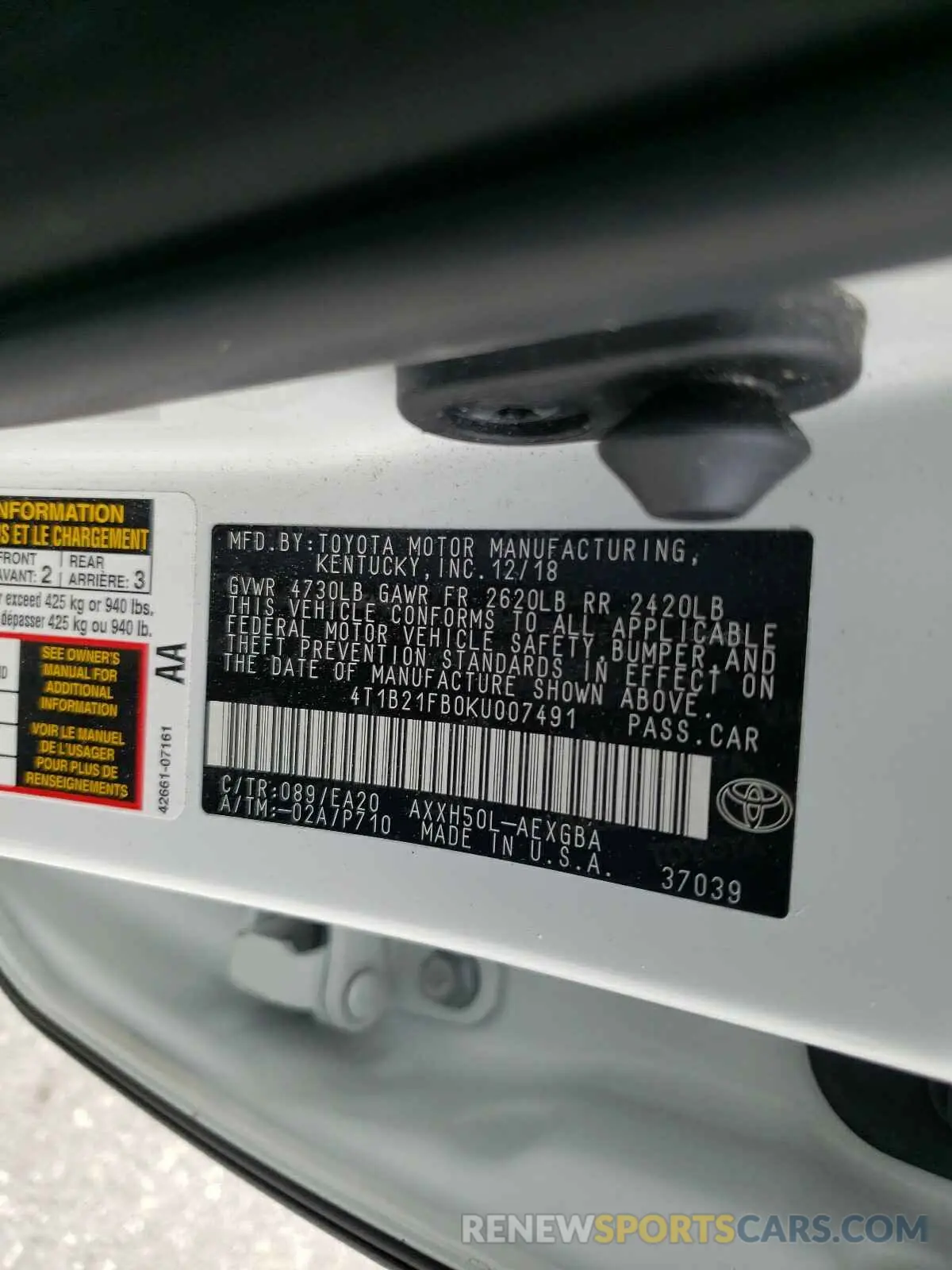10 fotografías del automóvil dañado 4T1B21FB0KU007491 TOYOTA AVALON 2019
