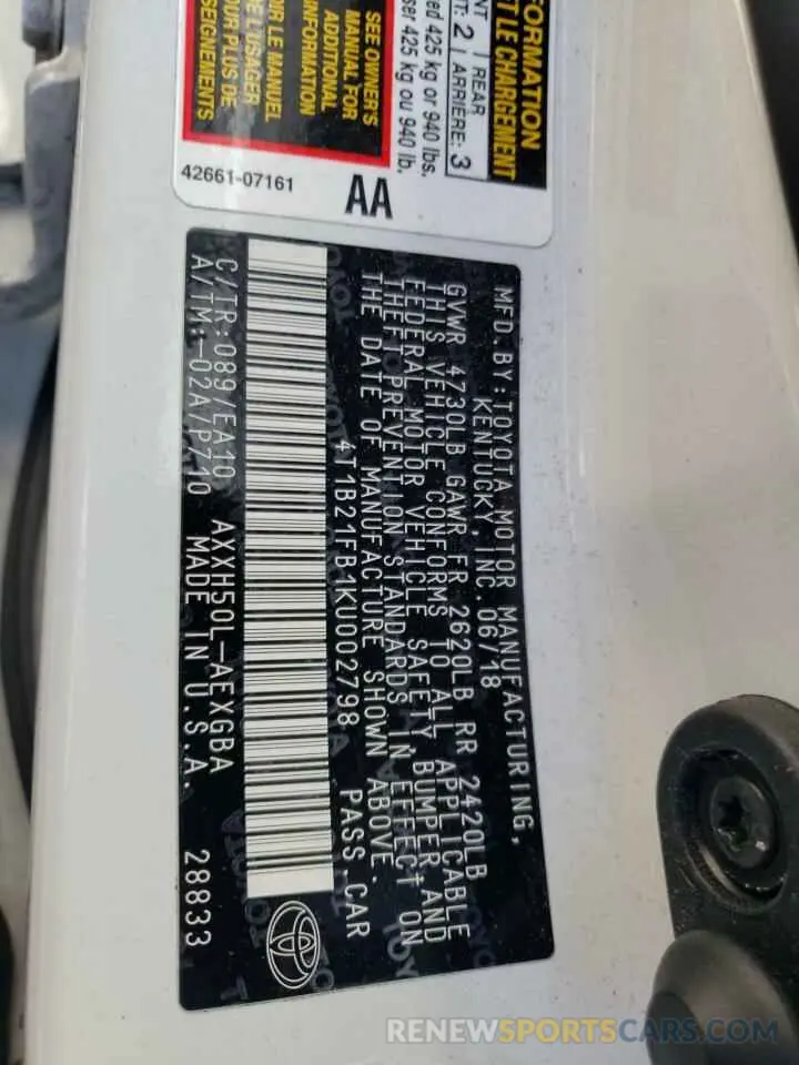 10 fotografías del automóvil dañado 4T1B21FB1KU002798 TOYOTA AVALON 2019