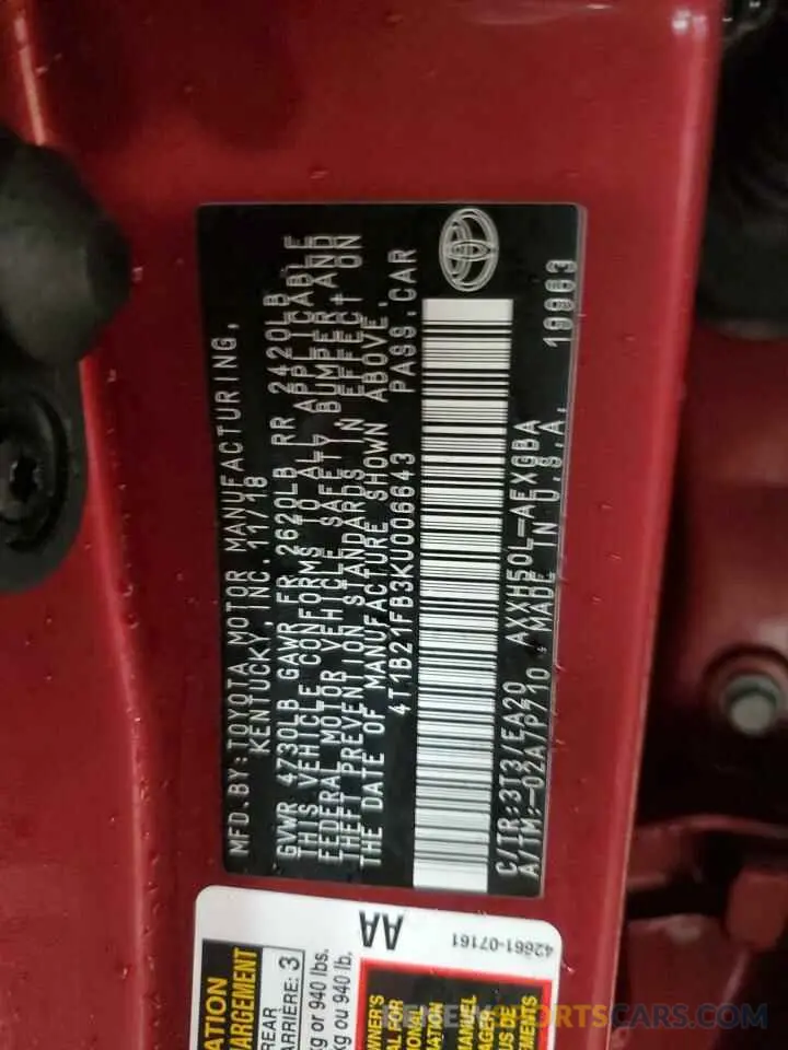 12 fotografías del automóvil dañado 4T1B21FB3KU006643 TOYOTA AVALON 2019