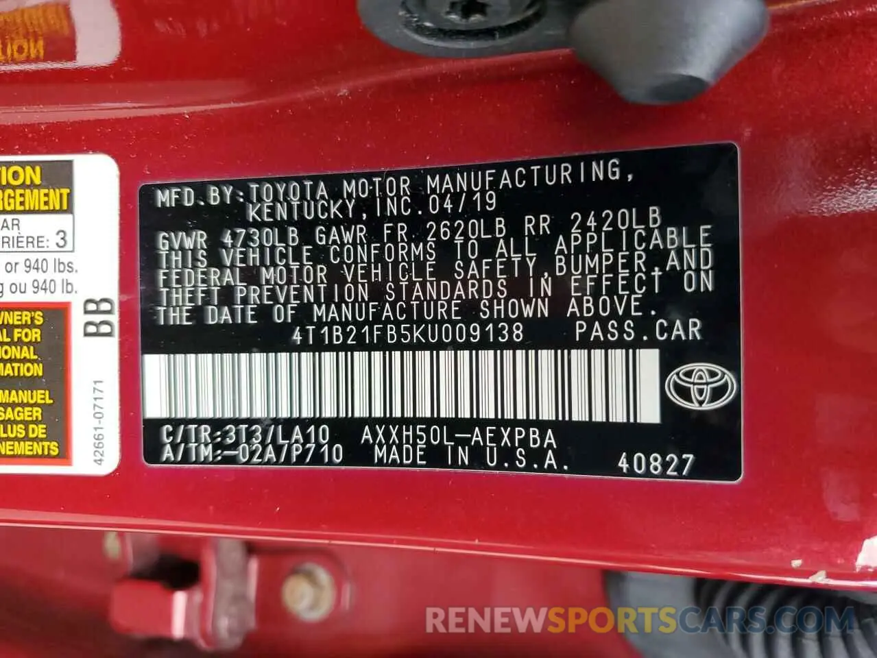 12 fotografías del automóvil dañado 4T1B21FB5KU009138 TOYOTA AVALON 2019