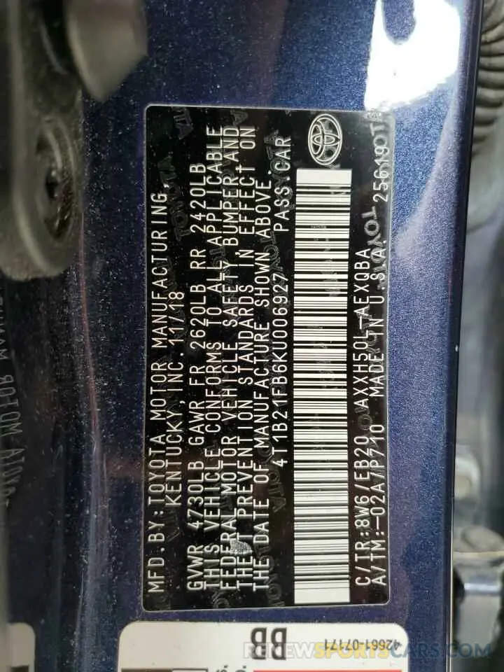 12 fotografías del automóvil dañado 4T1B21FB6KU006927 TOYOTA AVALON 2019