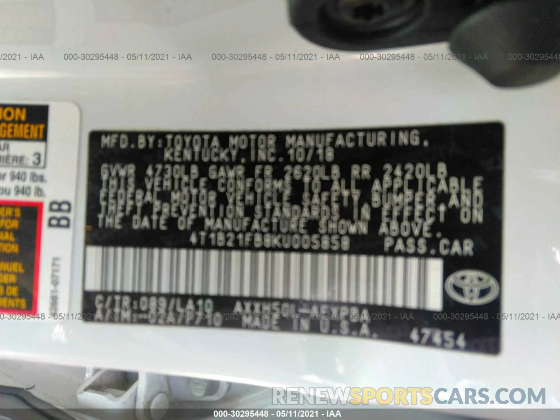 9 fotografías del automóvil dañado 4T1B21FB8KU005858 TOYOTA AVALON 2019