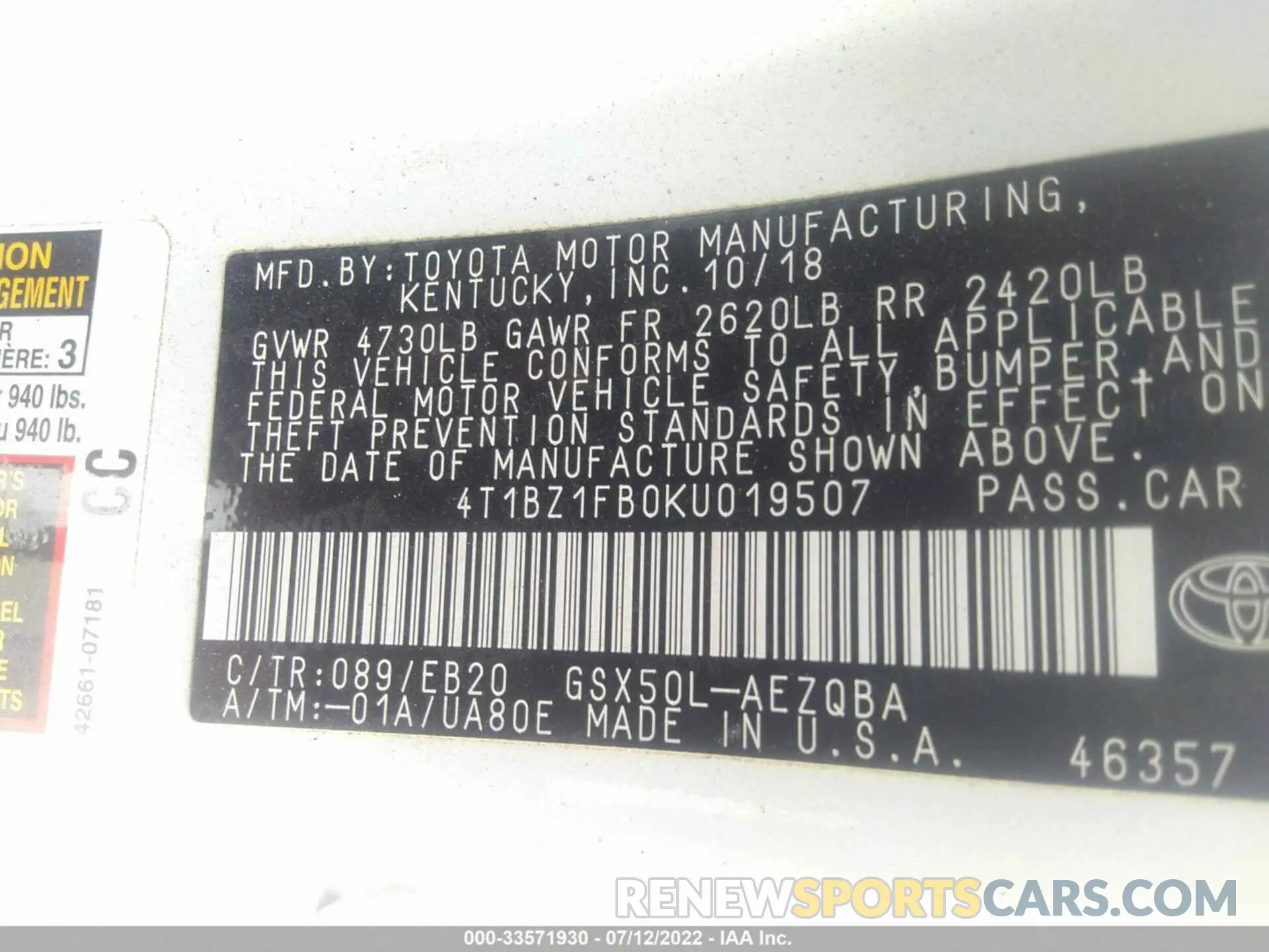 9 fotografías del automóvil dañado 4T1BZ1FB0KU019507 TOYOTA AVALON 2019