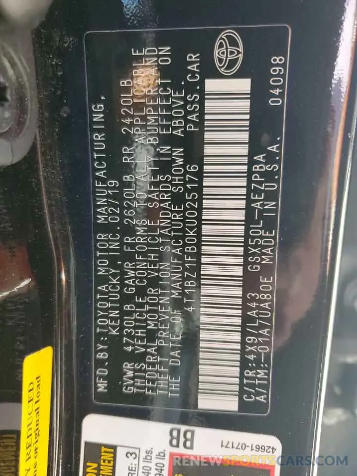 12 fotografías del automóvil dañado 4T1BZ1FB0KU025176 TOYOTA AVALON 2019