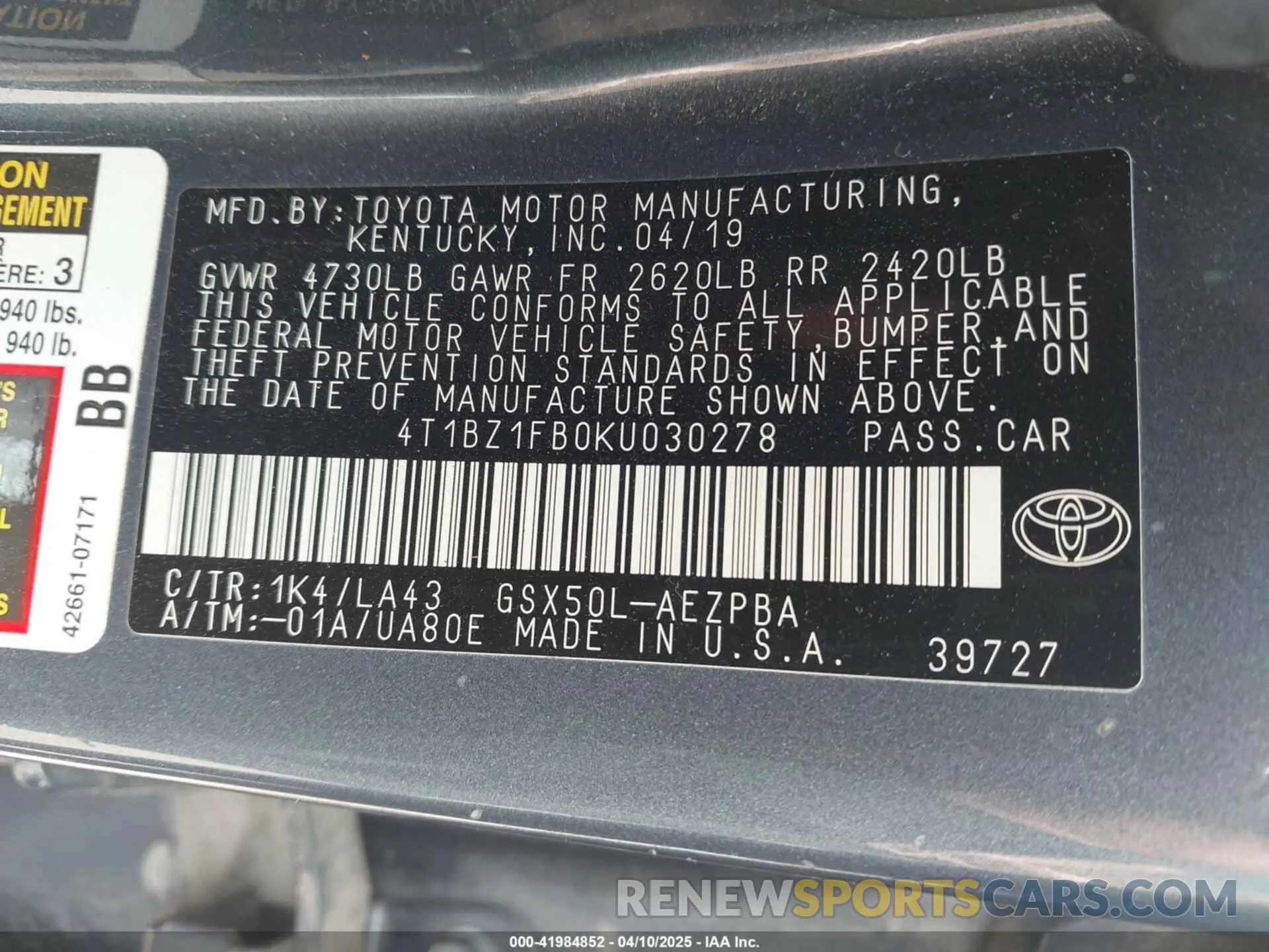 9 fotografías del automóvil dañado 4T1BZ1FB0KU030278 TOYOTA AVALON 2019