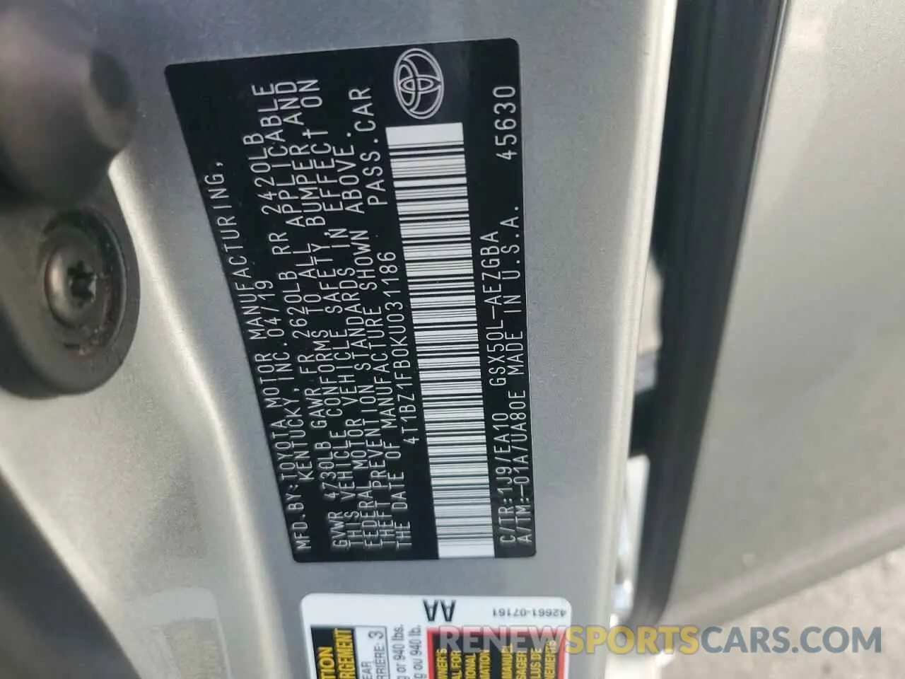 12 fotografías del automóvil dañado 4T1BZ1FB0KU031186 TOYOTA AVALON 2019