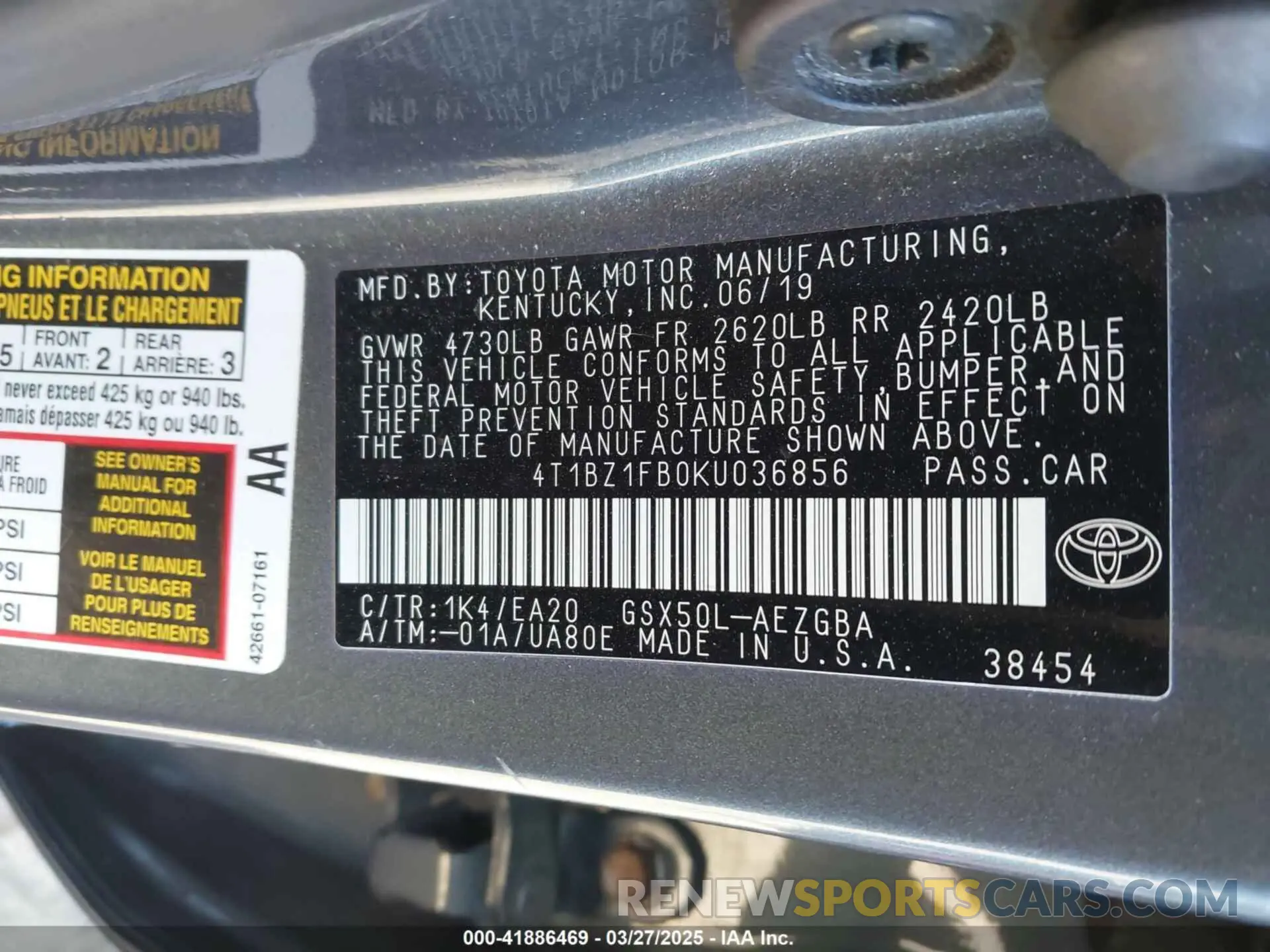 9 fotografías del automóvil dañado 4T1BZ1FB0KU036856 TOYOTA AVALON 2019