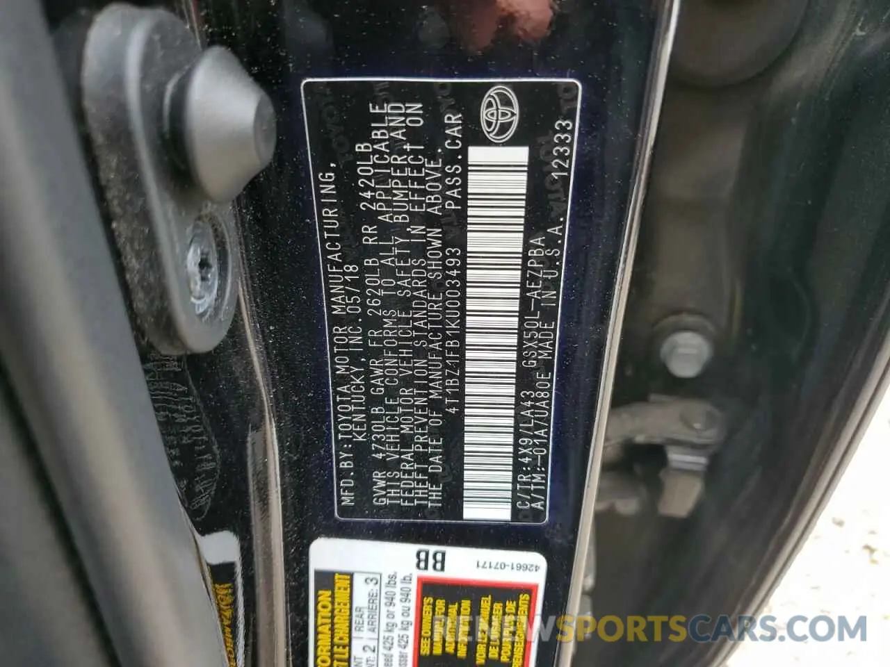 13 fotografías del automóvil dañado 4T1BZ1FB1KU003493 TOYOTA AVALON 2019