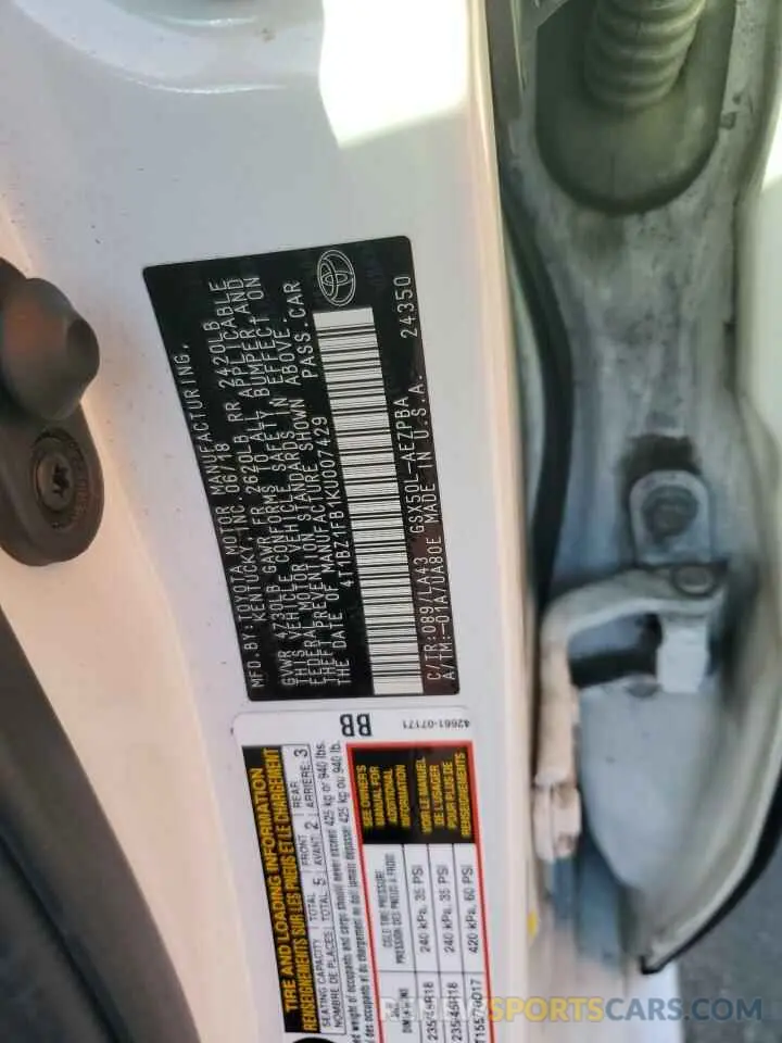 12 fotografías del automóvil dañado 4T1BZ1FB1KU007429 TOYOTA AVALON 2019