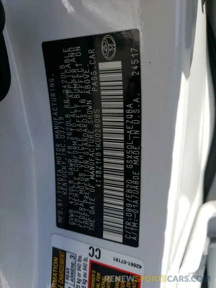 12 fotografías del automóvil dañado 4T1BZ1FB1KU028085 TOYOTA AVALON 2019