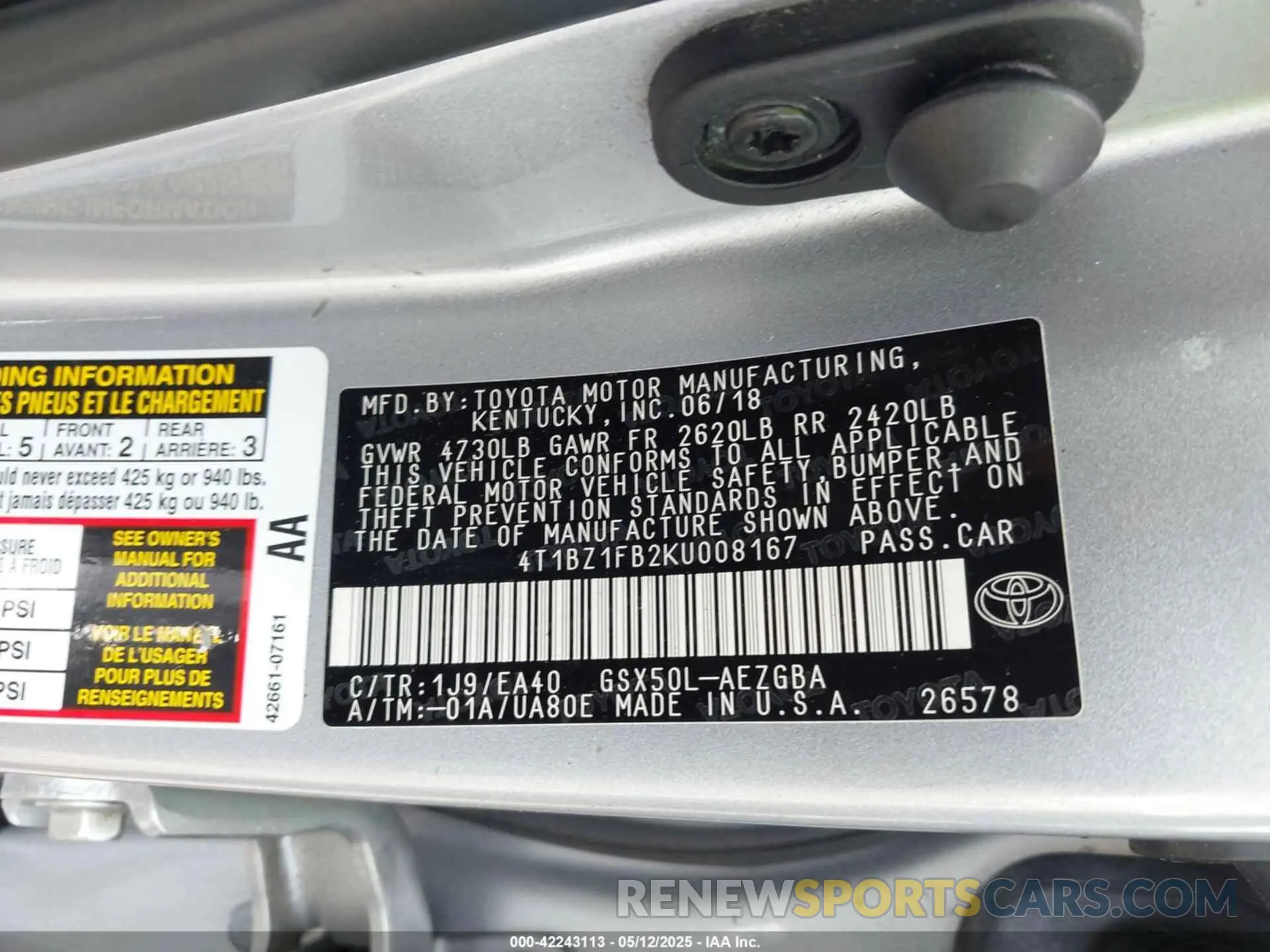 9 fotografías del automóvil dañado 4T1BZ1FB2KU008167 TOYOTA AVALON 2019