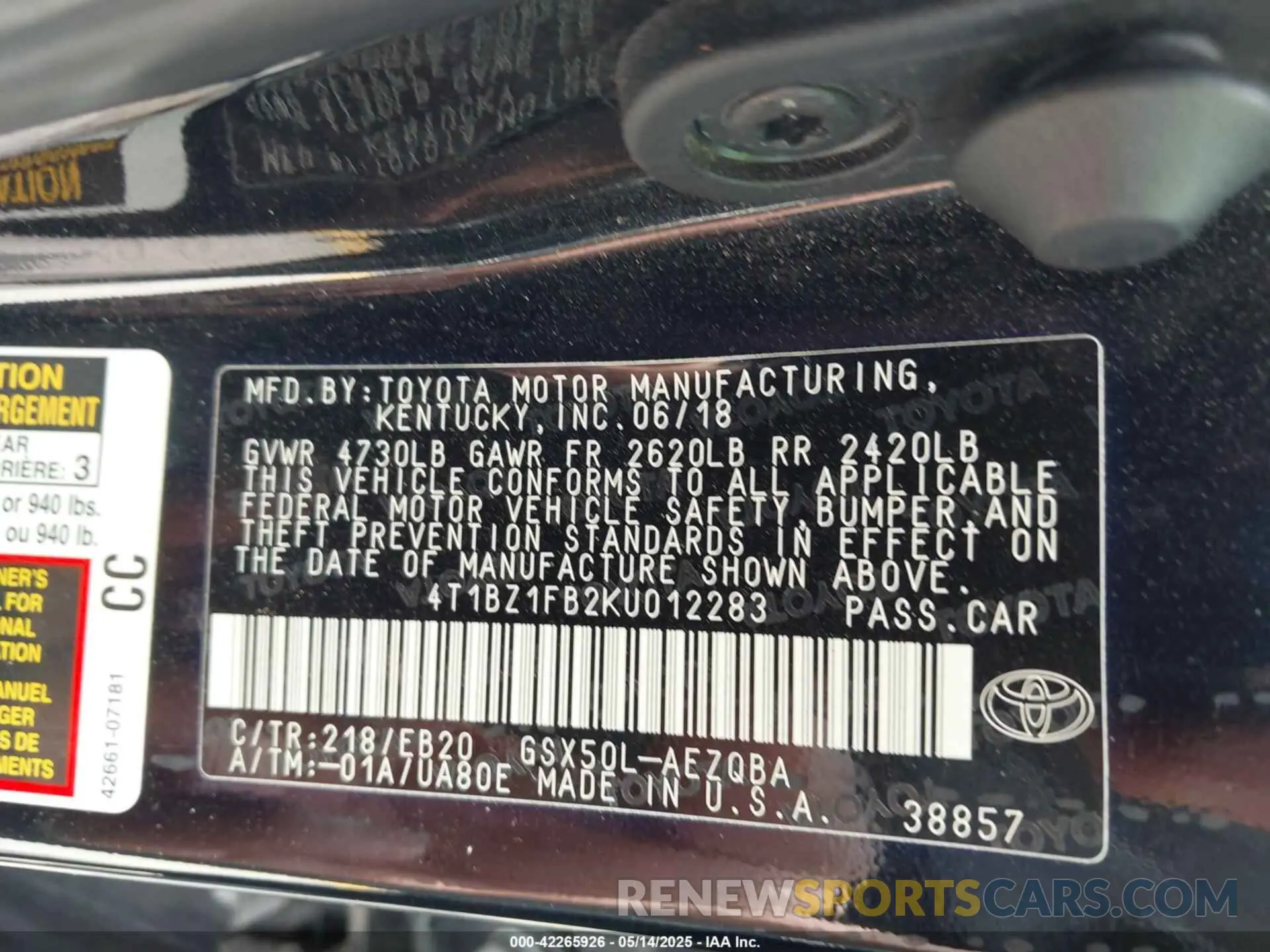 9 fotografías del automóvil dañado 4T1BZ1FB2KU012283 TOYOTA AVALON 2019