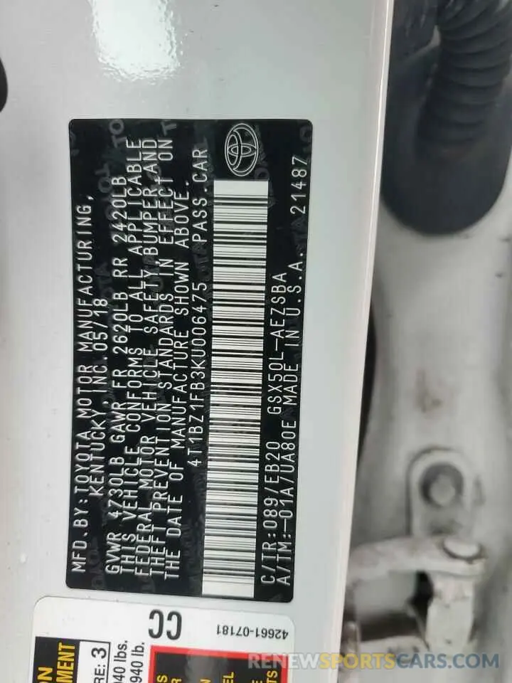 12 fotografías del automóvil dañado 4T1BZ1FB3KU006475 TOYOTA AVALON 2019