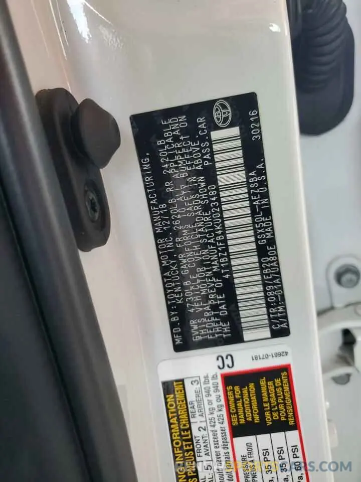12 fotografías del automóvil dañado 4T1BZ1FB4KU023480 TOYOTA AVALON 2019
