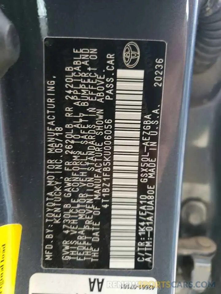 12 fotografías del automóvil dañado 4T1BZ1FB5KU006056 TOYOTA AVALON 2019
