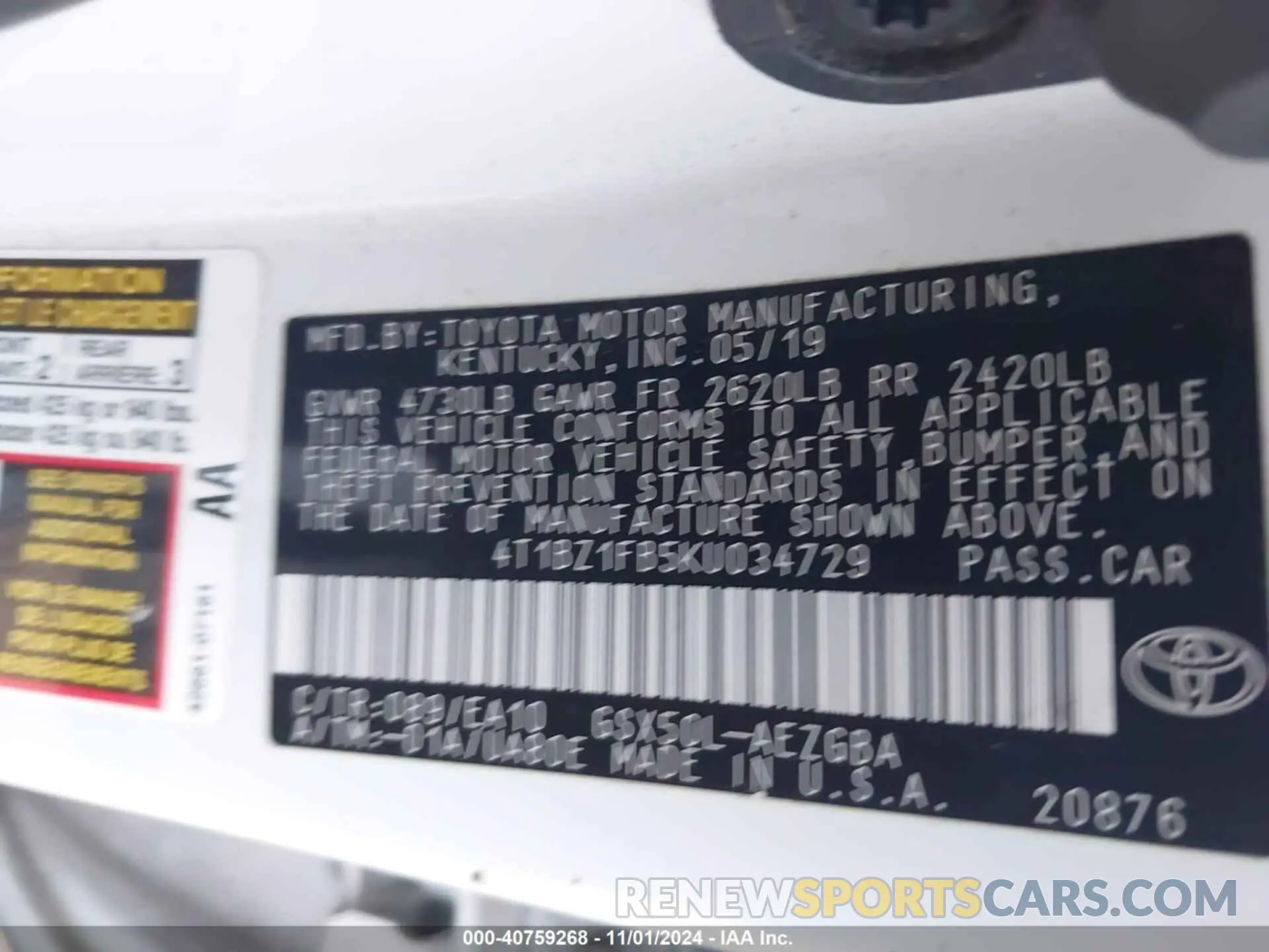 9 fotografías del automóvil dañado 4T1BZ1FB5KU034729 TOYOTA AVALON 2019
