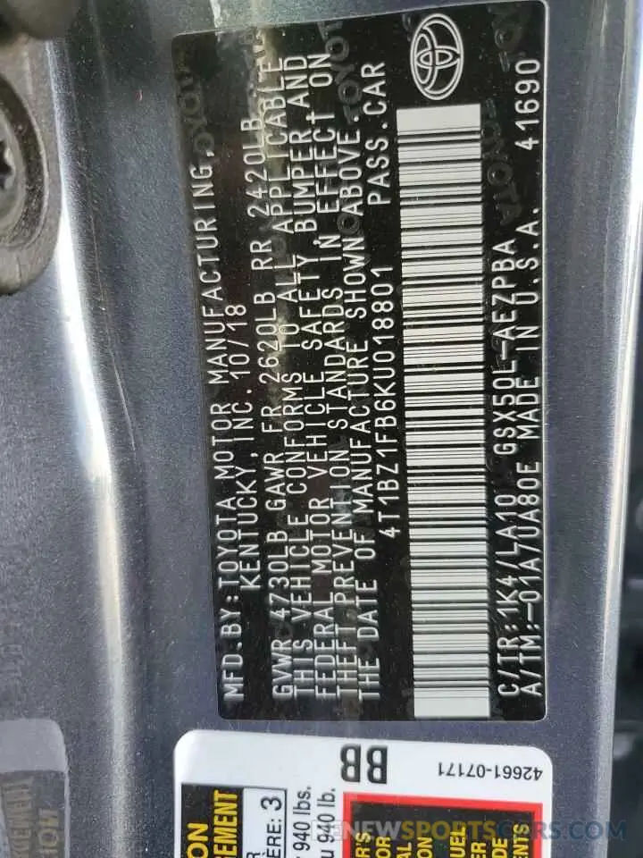 13 fotografías del automóvil dañado 4T1BZ1FB6KU018801 TOYOTA AVALON 2019