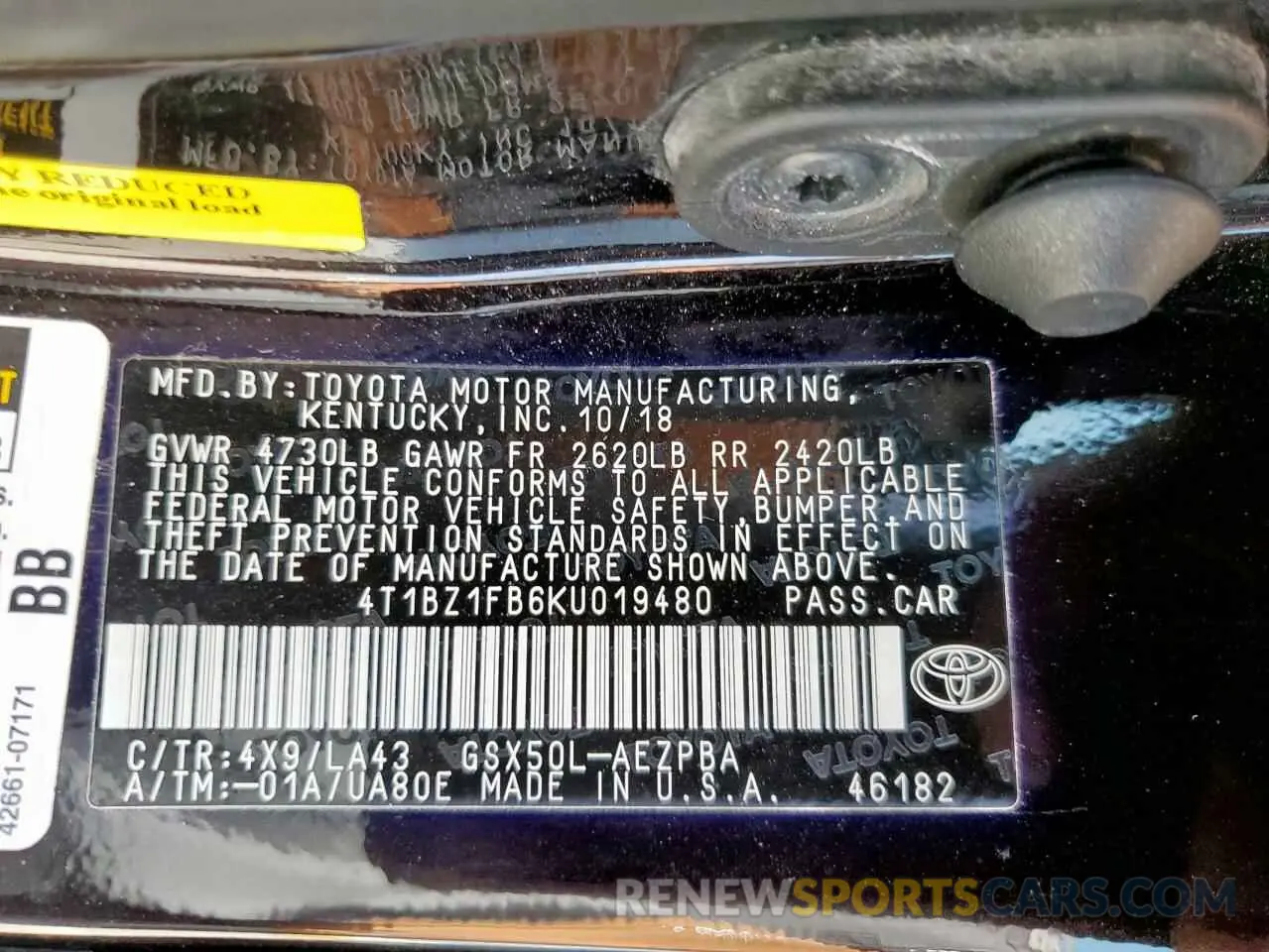 12 fotografías del automóvil dañado 4T1BZ1FB6KU019480 TOYOTA AVALON 2019
