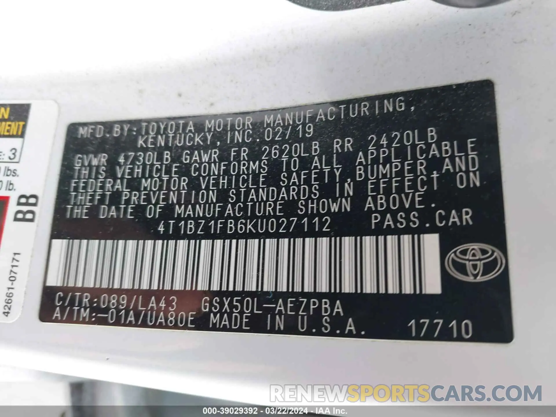 9 fotografías del automóvil dañado 4T1BZ1FB6KU027112 TOYOTA AVALON 2019