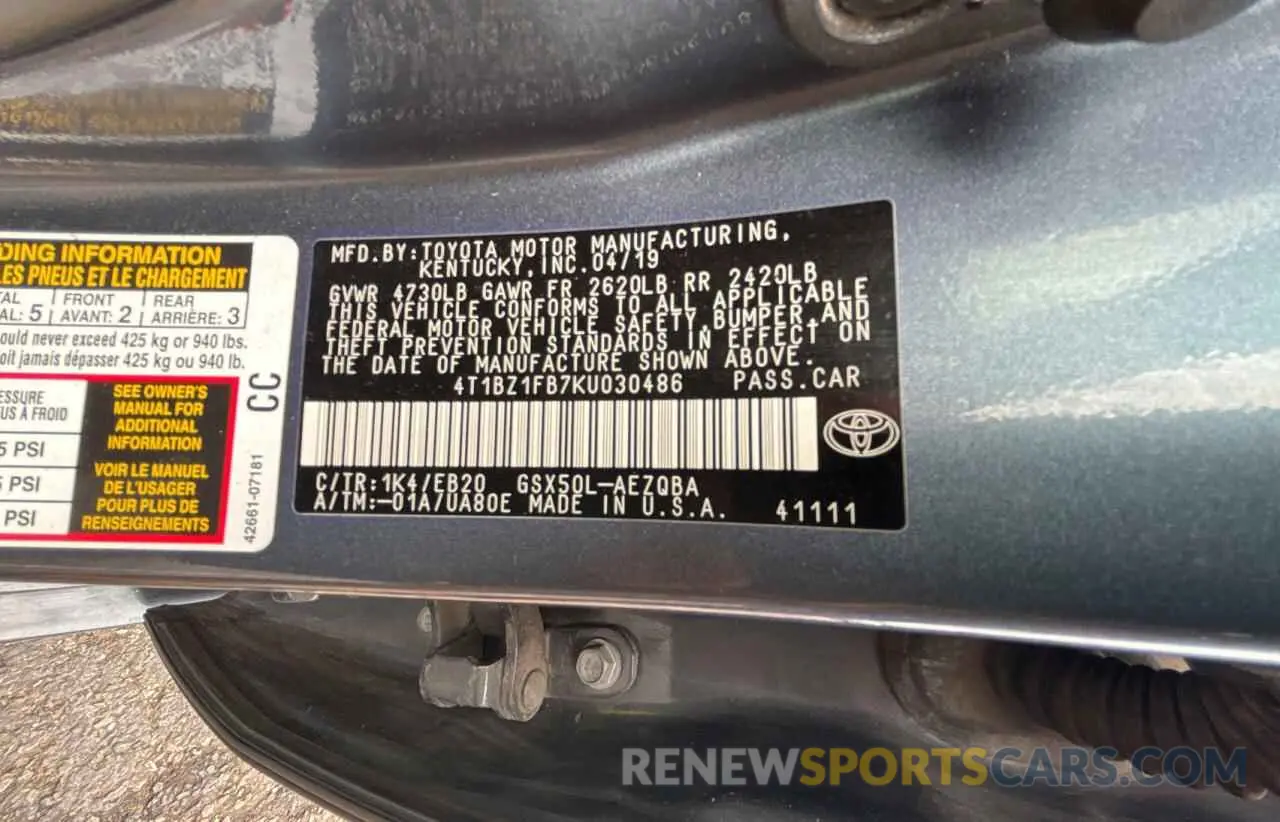 10 fotografías del automóvil dañado 4T1BZ1FB7KU030486 TOYOTA AVALON 2019