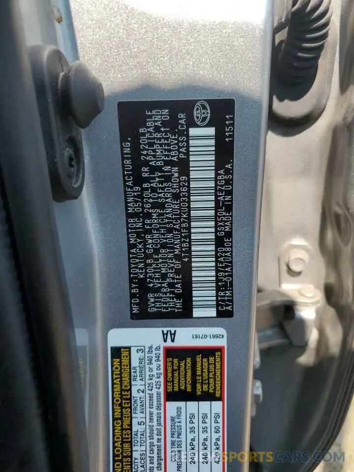 12 fotografías del automóvil dañado 4T1BZ1FB7KU033629 TOYOTA AVALON 2019